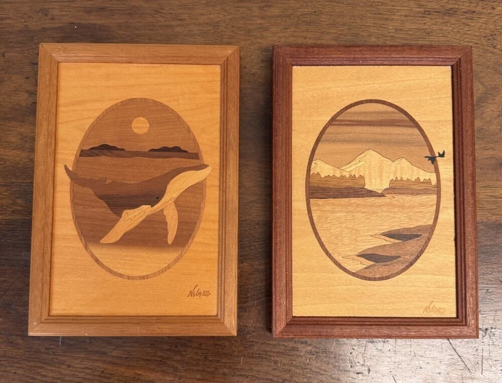 Vintage Hudson River Inlay Jeff Nelson Marquetry Whale Mountain Art Pair